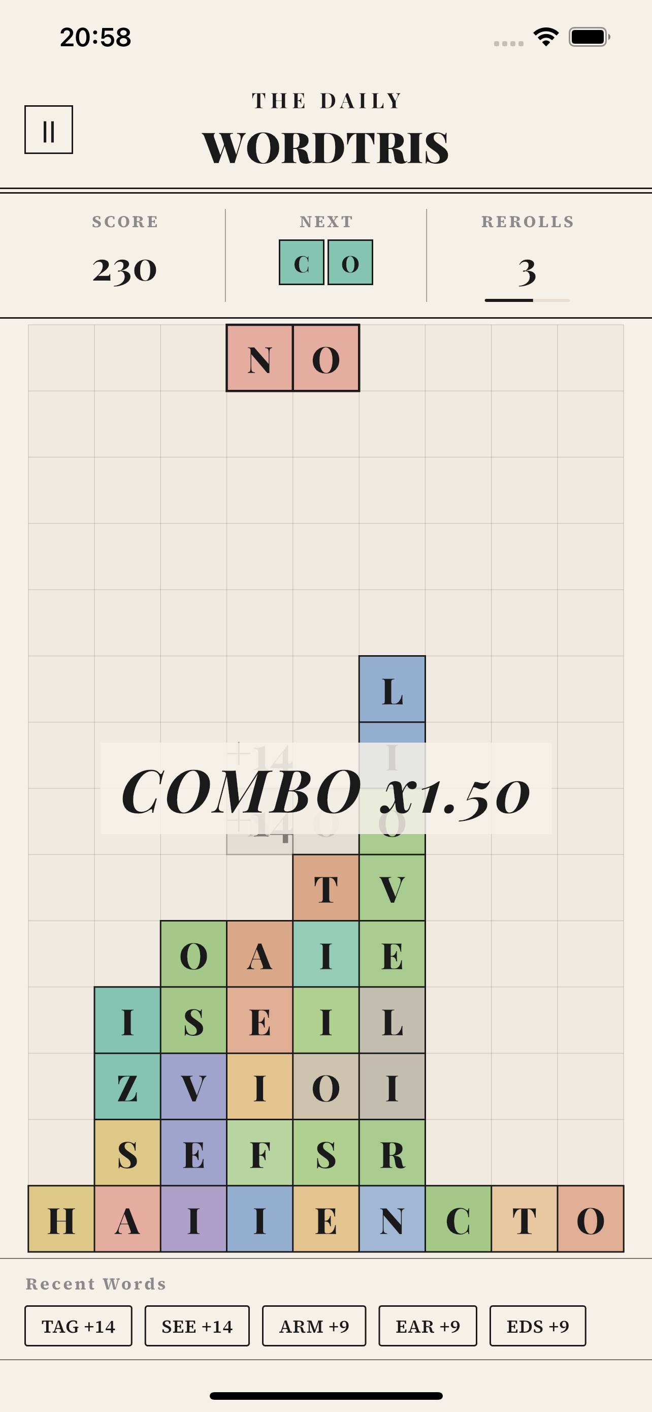 Wordtris combo multiplier during advanced gameplay