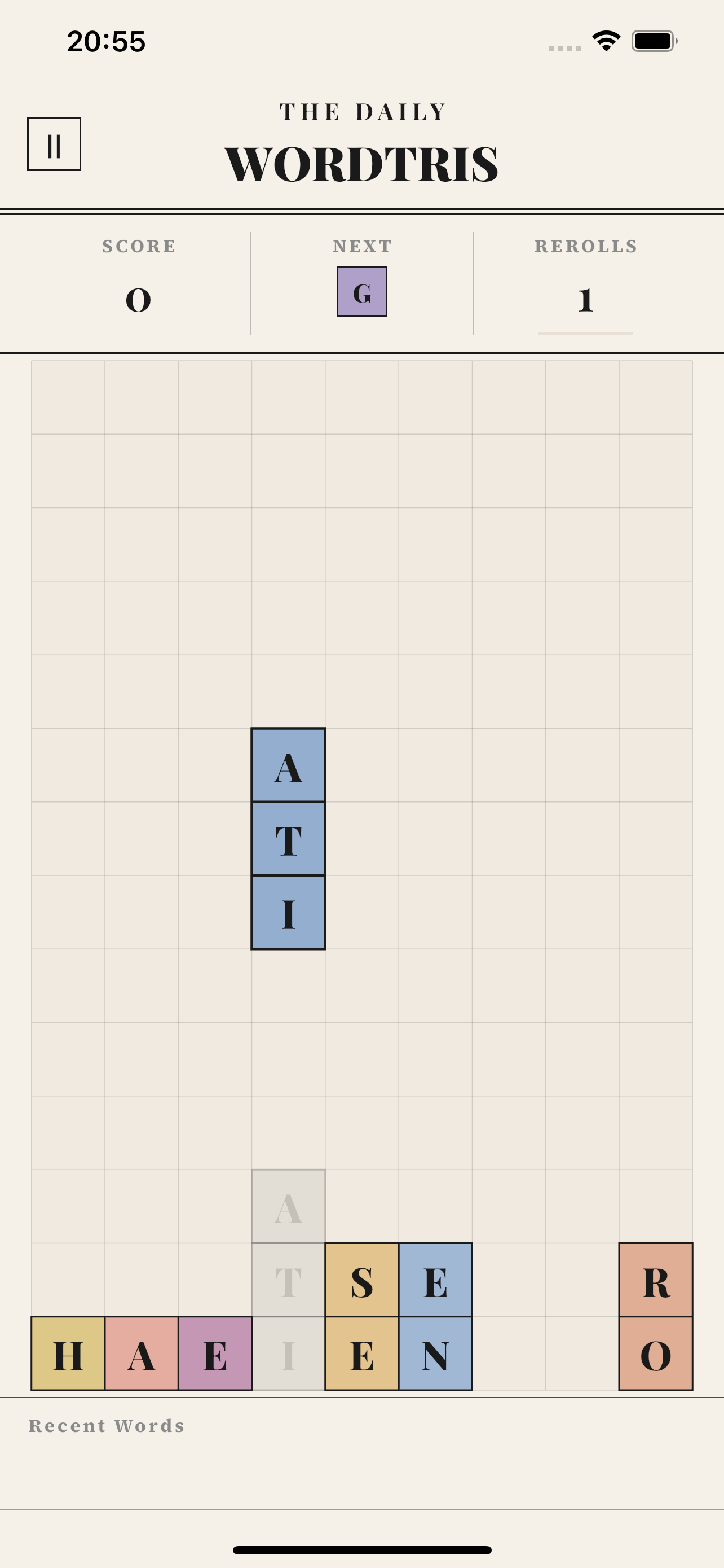 Wordtris early gameplay showing letter pieces falling